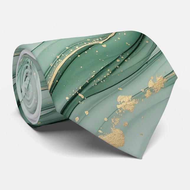 Gravata Aquarela Pastel Verde Sage Dourado (Rolled)
