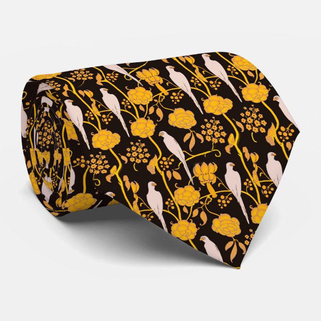 GRAVATA ART DECO AMARELO FLORES, PARRÓGÃOS BRANCOS A PRETO (Rolled)