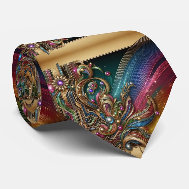 Gravata Art Deco Art Nouveau Rainbow Circuit Board Necktie (Rolled)