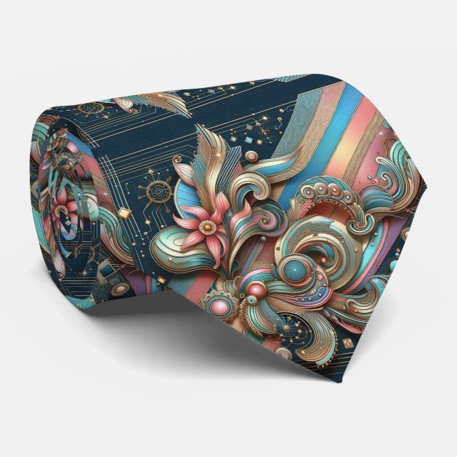 Gravata Art Deco Art Nouveau Rainbow Circuit Board Necktie (Rolled)