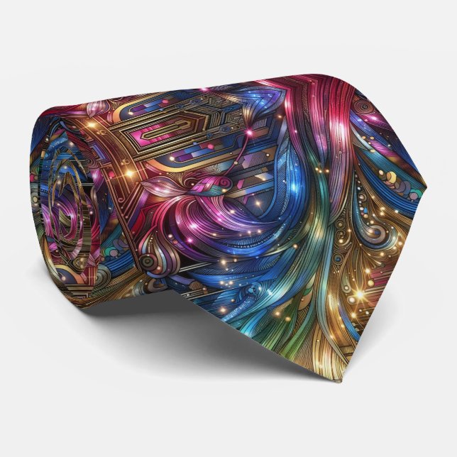 Gravata Art Deco Art Nouveau Rainbow Circuit Board Necktie (Rolled)