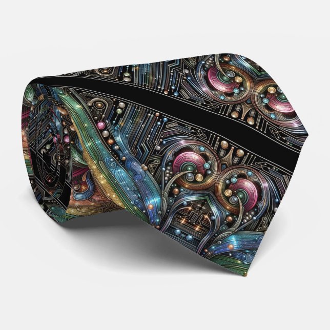 Gravata Art Deco Art Nouveau Rainbow Circuit Board Necktie (Rolled)
