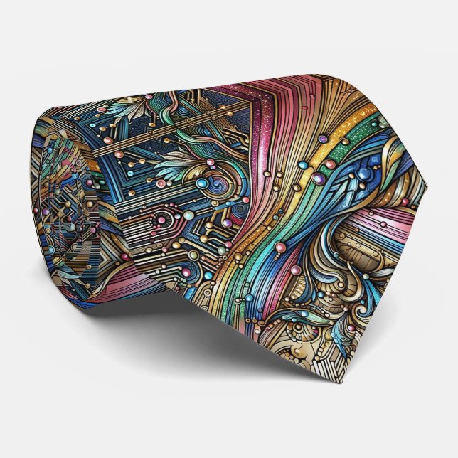 Gravata Art Deco Art Nouveau Rainbow Circuit Board Necktie (Rolled)