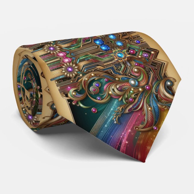Gravata Art Deco Art Nouveau Rainbow Circuit Board Necktie (Rolled)