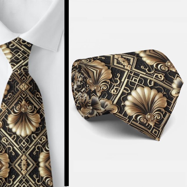 Gravata Art Deco Black and Gold Seashell Pattern Neck Tie (Criador carregado)