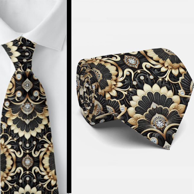 Gravata Art Deco Black and Gold Seashell Pattern Neck Tie (Criador carregado)