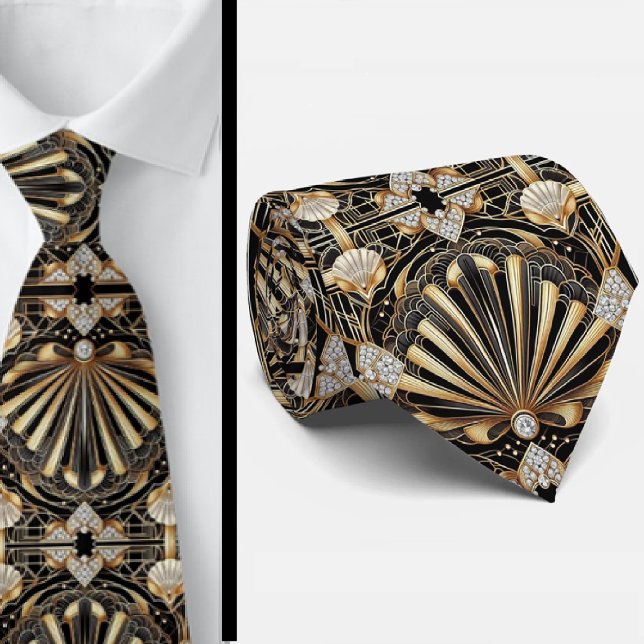 Gravata Art Deco Black and Gold Seashell Pattern Neck Tie (Criador carregado)