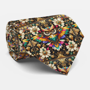 Gravata Art Déco com Coruja Arco-íris – Preto, Bra
