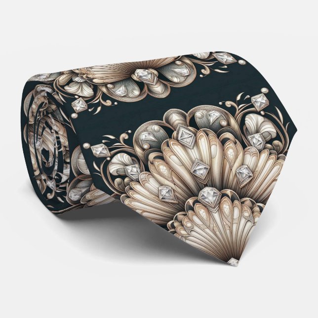 Gravata Art Deco Concha Falso Diamante Falsa Seda  (Rolled)