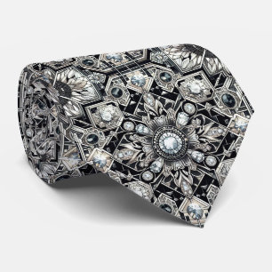 Gravata Art Deco Falso Seda Diamantes de Luxo B+W