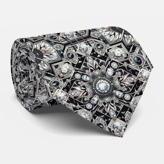 Gravata Art Deco Falso Seda | Diamantes de Luxo B+W  (Rolled)