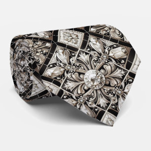 Gravata Art Deco Falso Seda Diamantes de Luxo Preto e Br