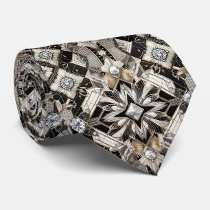 Gravata Art Deco Falso Seda Luxo Diamantes P+B