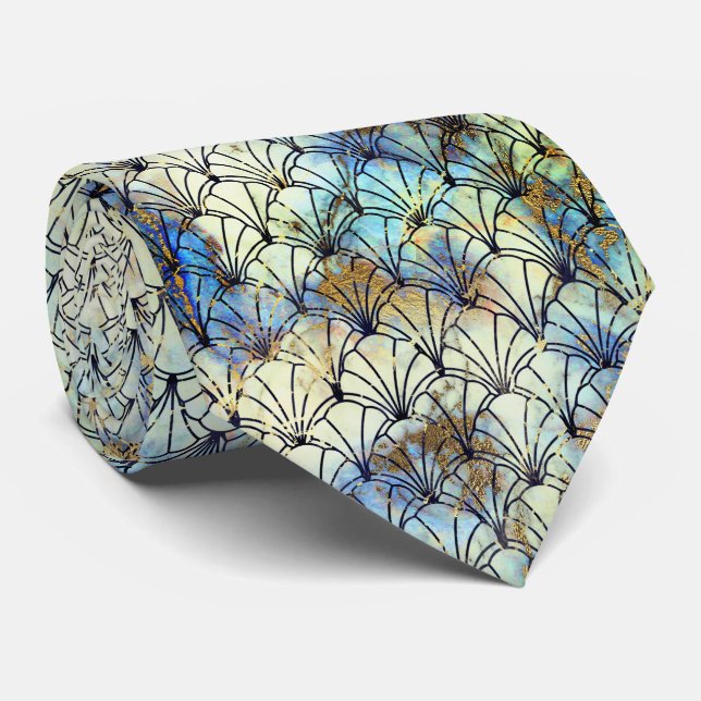 GRAVATA ART DECO MARBLE BLUE AQUA PATTERNE TIE (Rolled)