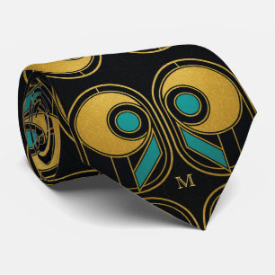 Gravata Art Deco Monograma Geométrico Dourado Teal Tie Ele