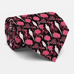 GRAVATA ART DECO PINK FLOWERS, PARROGAS BRANCAS EM PRETO