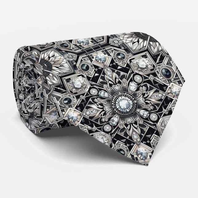 Gravata Art Deco Preto e Branco Diamantes  (Rolled)