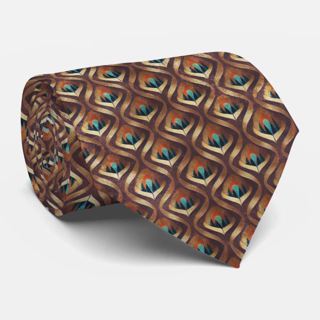 Gravata Art Deco Teal & Gold Geometric Pattern (8) (Rolled)