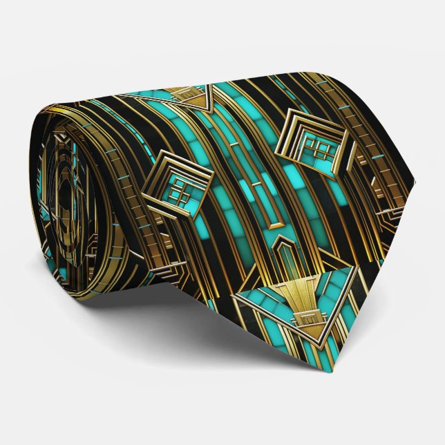 Gravata Art Deco Turquesa Dourado Preto Geométrico (Rolled)