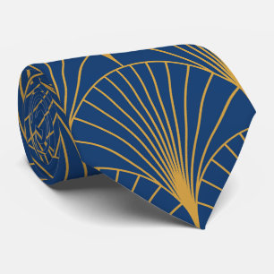 Gravata Art Deco Ventoinhas Geométricas Douradas em Azul M