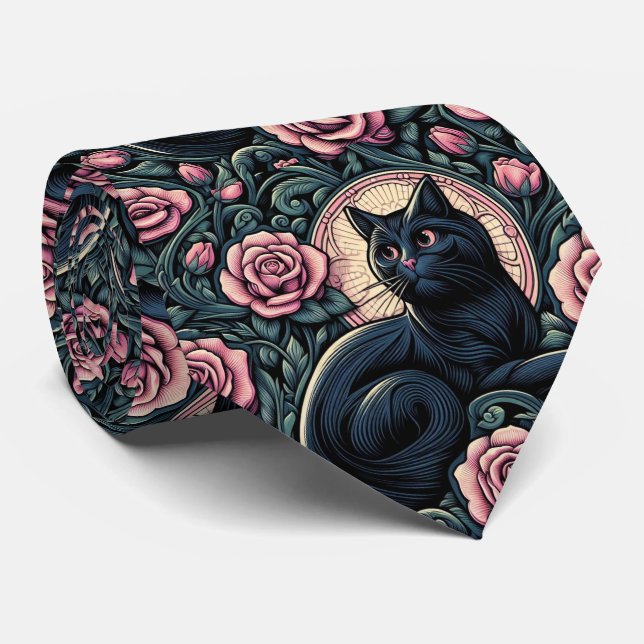 Gravata Art Nouveau Art Deco Black Cat with Pink Roses (Rolled)