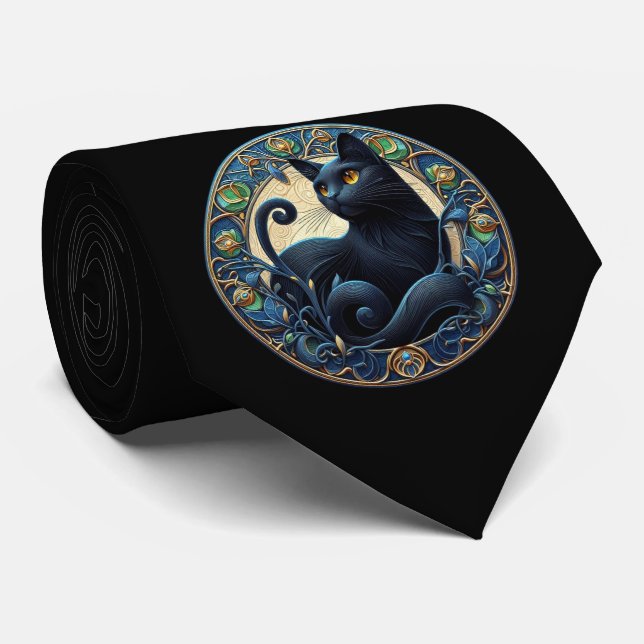 Gravata Art Nouveau Black Cat Tie (Rolled)