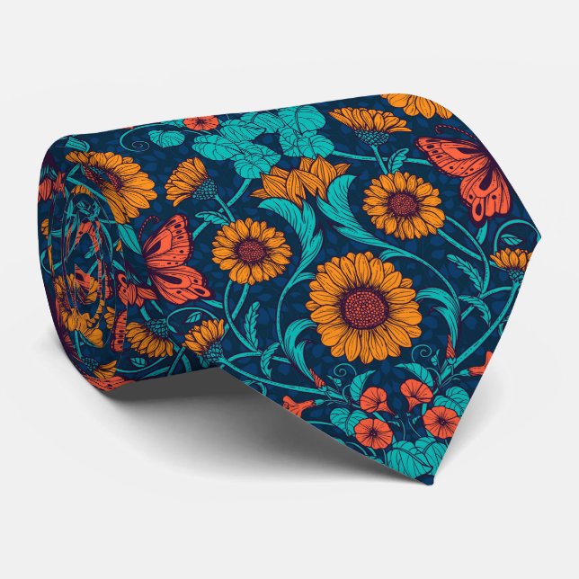 Gravata Art Nouveau daisie em azul e amarelo (Rolled)