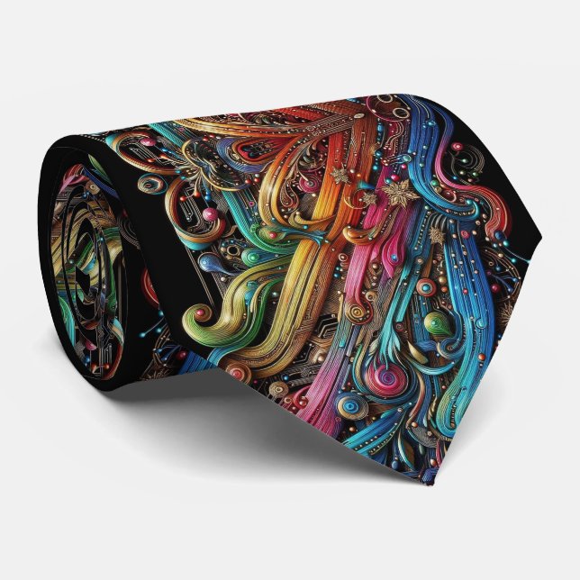 Gravata Art Nouveau Rainbow Circuit Board Necktie (Rolled)