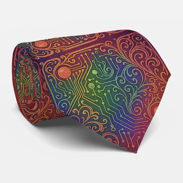 Gravata Art Nouveau Rainbow Circuit Board Necktie (Rolled)