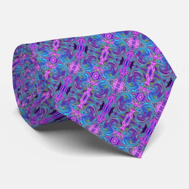 Gravata Arte Abstrata Retro Groovy Azul, Rosa e Roxo (Rolled)
