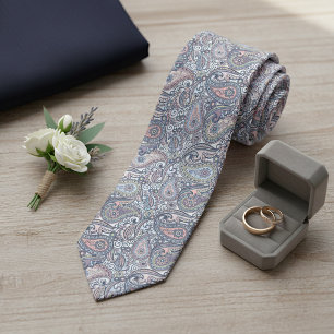 Gravata Arte de Paisley Rosa Coral Pastel Azul Claro com C