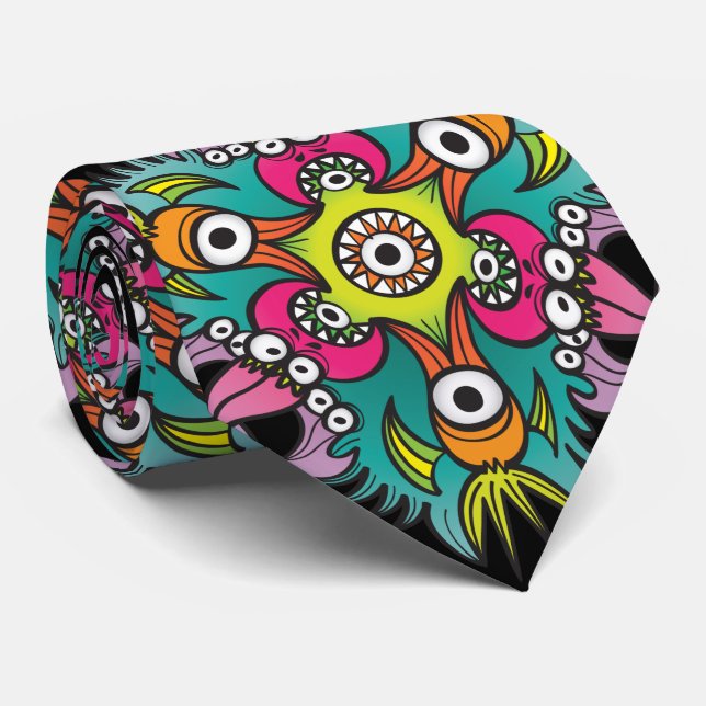 Gravata Arte de rabisco mostrando monstros famosos enlouqu (Rolled)