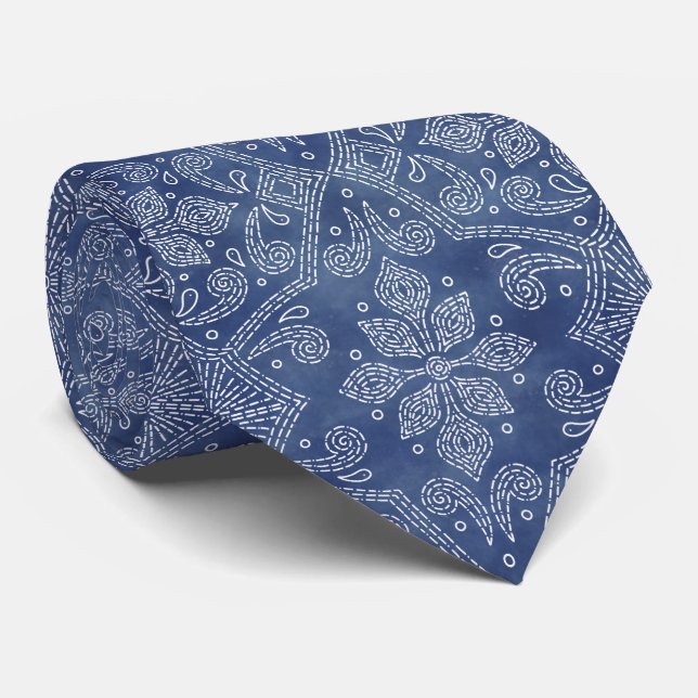 Gravata Arte Floral Damask Line no Azul Denim (Rolled)