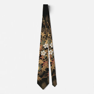 Gravata Arte Floral Outonal em Preto e Dourado Vintage Jap