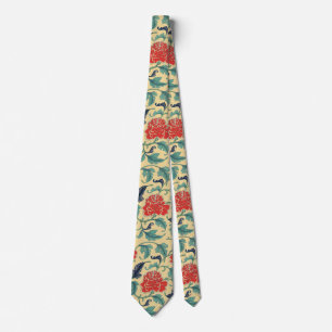 Gravata Arte Nova Antiga Chinoiserie Floral Vermelho Chinê