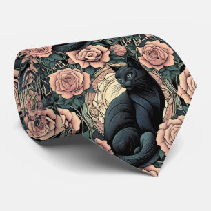 Gravata Arte Nova Arte Deco Gato Preto com Rosas Rosa