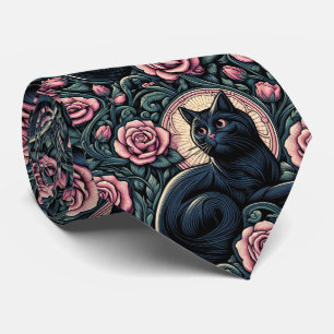 Gravata Arte Nova Arte Deco Gato Preto com Rosas Rosa