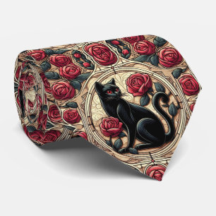 Gravata Arte Nova Arte Deco Gato Preto com Rosas Vermelhas