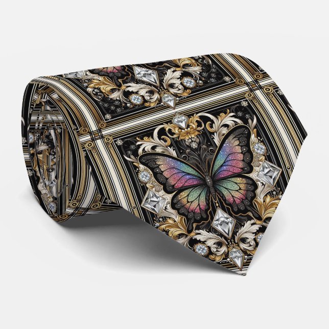 Gravata Arte Retro Deco Borboleta Arco-Íris Nouveau (Rolled)