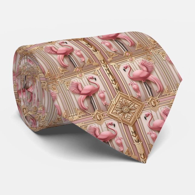 Gravata Arte Retro Decó Flamingos Rosa (Rolled)
