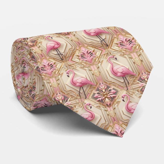Gravata Arte Retro Decó Flamingos Rosa (Rolled)
