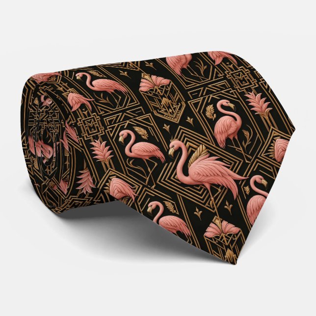 Gravata Arte Retro Deco Flamingos Rosa (Rolled)