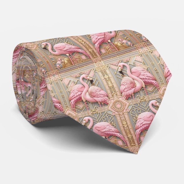 Gravata Arte Retro Decó Flamingos Rosa (Rolled)