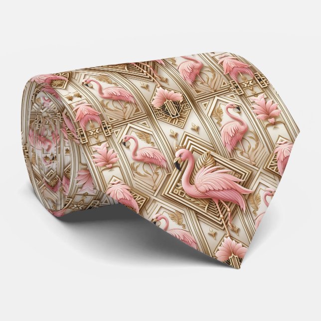 Gravata Arte Retro Decó Flamingos Rosa (Rolled)