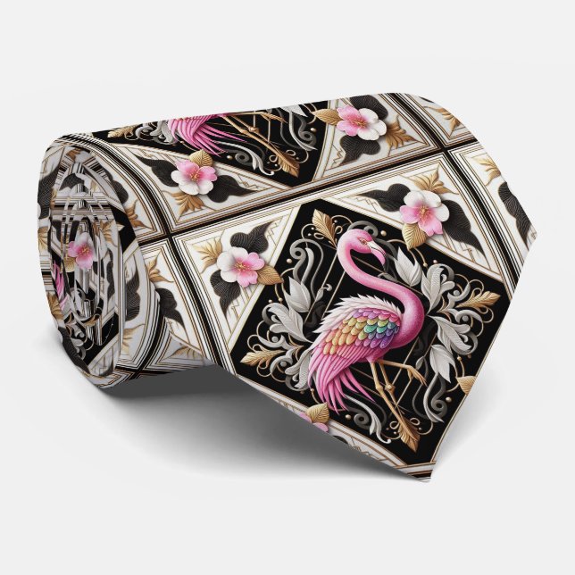 Gravata Arte Retro Decó Flamingos Rosa (Rolled)