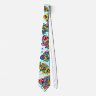 Gravata Arte Tie-Whimsical De Peixes Tropicais, Fundo De Á