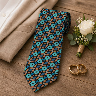 Gravata Arte Tribal Azul Turquesa Azul Marrom Preto Chic
