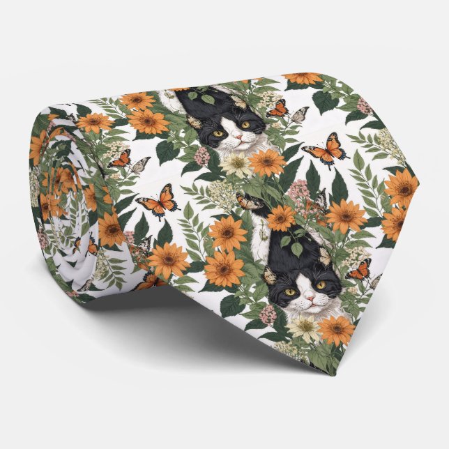 Gravata Artistic Cat, Butterflies, Flowers Floral Pattern (Rolled)