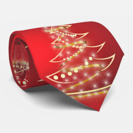 Gravata Árvore de Natal em Dourado Festivo sobre Vermelho 