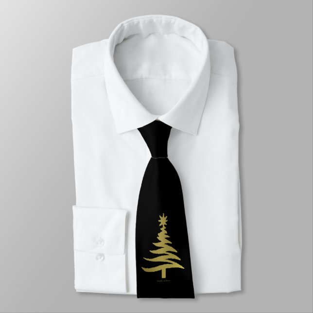 Gravata Árvore de Natal Estêncil Dourado em Preto (Amarrado)